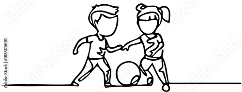 Continuous one line drawing boy and girl playing football together. Two happy little kids playing sport at playground. Children kicking ball by foot between them. Single line design vector graphic