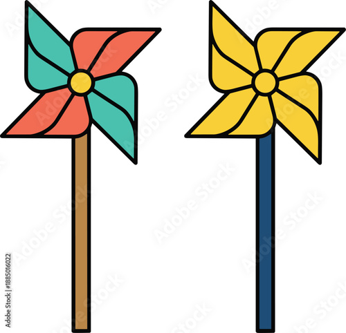 Colorful pinwheel toy icons showing spinning windmill toys for kids play outdoor decoration illustration design set fun summer.