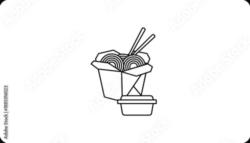 Chinese takeout noodle box with chopsticks and sauce container line icon showing asian fast food delivery meal illustration.