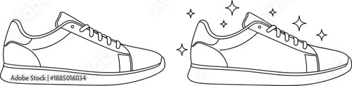 Clean and shiny sneaker shoes icons showing before and after cleaning footwear maintenance illustration design comparison concept set.