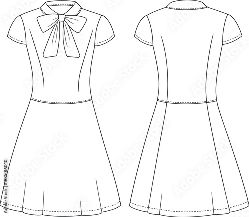 Women's short sleeve dress technical flat sketch, featuring bow tie neck, fitted bodice, flared skirt, front and back view, isolated vector illustration fashion design template.
