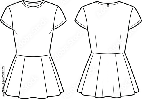 Women's short sleeve peplum top technical flat sketch, featuring round neck, fitted bodice, flared hem, back zipper, front and back view, isolated vector illustration.