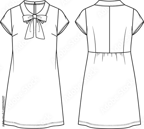 Women's short sleeve shift dress technical flat sketch, featuring neck bow tie, pointed collar, gathered back waist, front and back view, isolated vector illustration template.