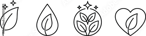 Eco leaf icons set showing clean nature sustainability organic growth environmental symbols minimal outline design illustration vector collection.