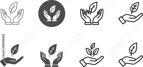 Eco friendly hand and leaf icons set showing environmental care protection sustainability nature conservation symbols outline illustration design.