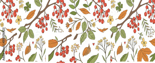 Seamless Autumn Botanical Pattern Vector with Rowan Berries, Branches, Leaves, and Hand Drawn Fall Nature Illustration
