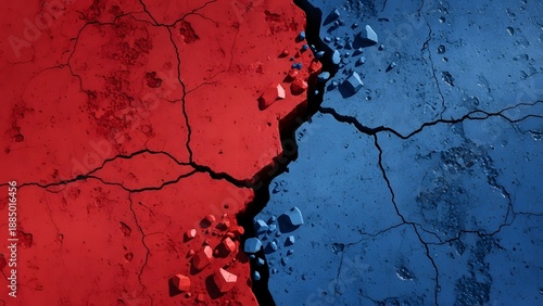 Cracked Surface Divided into Red and Blue Halves Representing Conflict and Division.