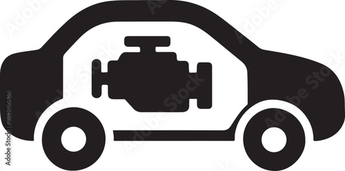 Minimal car icon with engine symbol replacing windows in heavy silhouette vector style