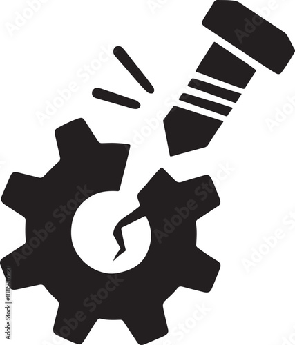 Industrial accident icon showing broken gear and falling bolt in bold silhouette vector style