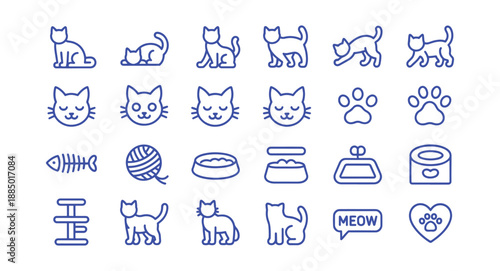Collection of cat icons simple line art for pet care apps and websites isolated on white