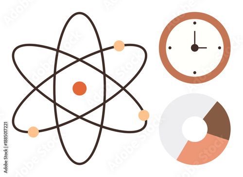 Science, physics, time management, analytics, data visualization, education. Atom model, clock and pie chart in minimal design. Science and time management concepts