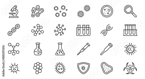 Microbiology icons set science and medical research symbols flat vector collection for web and app d