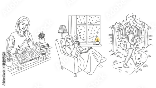 High-Quality Continuous Line Colorful Icons of Emotional Journaling, Warm Drink Relaxation, Mindful Nature Walk