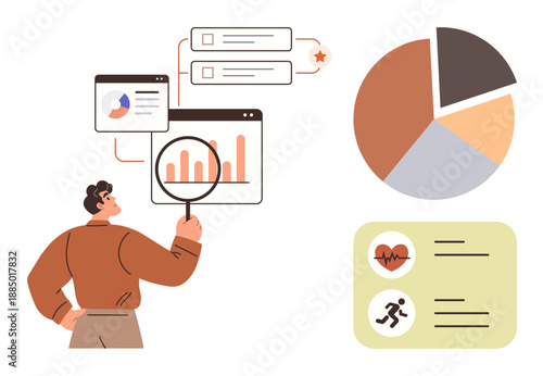 Data analysis, business strategy, reporting tools, infographic design, market research, analytics insights. A person examining charts and graphs with a magnifying glass. Data analysis and business
