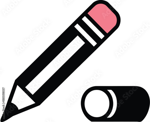 Black pencil with pink eraser and detached eraser head on transparent background