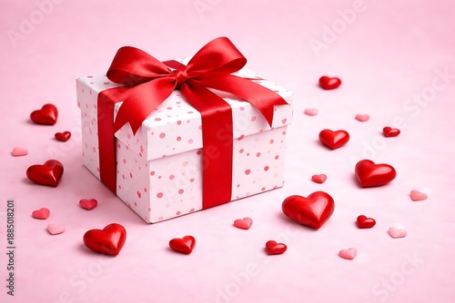 Pink gift box wrapped red ribbon bow with red hearts and confetti on pastel pink background. St Valentines Day holiday concept. happy Valentine's day.