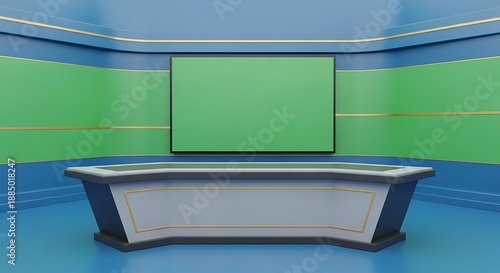 News Broadcast Studio with Green Screen and Modern Desk