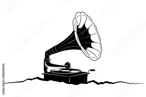 Elegant black and white vintage gramophone illustration, symbolizing the enduring charm of antique audio technology and the nostalgic echoes of timeless melodies
