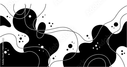 Dynamic abstract composition featuring fluid black organic shapes interconnected by delicate lines, creating a modern and artistic visual background