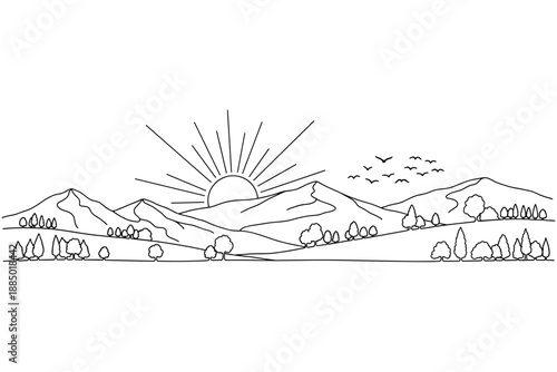 Beautiful minimalist line art illustration of a serene mountain landscape with the sun rising over the peaks, birds flying overhead, and trees dotting the foreground
