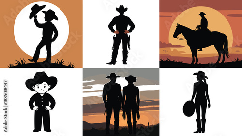 Collection of six black silhouette icons depicting cowboys ranch life and wild west western characters