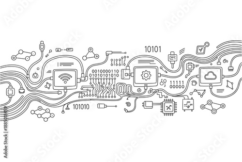 Abstract technological illustration showcasing the interconnectedness of digital systems and data flow, representing innovation and future connectivity