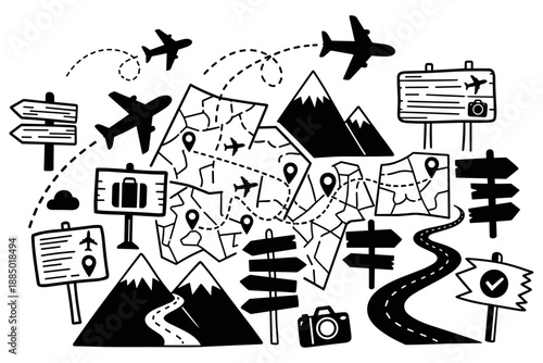 Hand-drawn travel and adventure elements collection, featuring maps, airplanes, mountains, roads, and signs, ideal for exploration designs