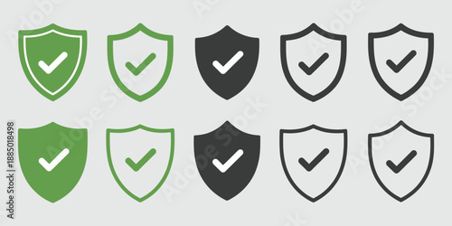 Shield security icons, protection and privacy symbols with check mark and lock for cybersecurity safety, app interfaces, branding design.