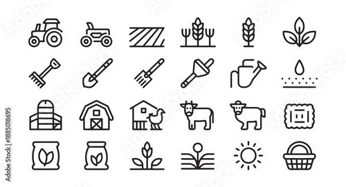 Farm and agriculture icons simple line art symbols for farming food production and rural life isolat
