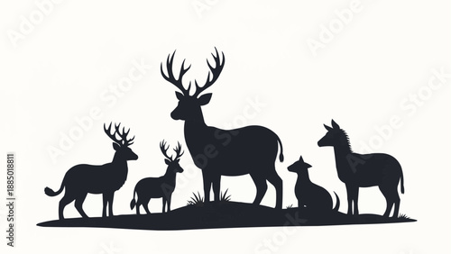 Silhouette of a deer family standing on a hill.