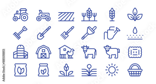 Farm and agriculture icons simple line art for farming food production and rural life isolated on wh