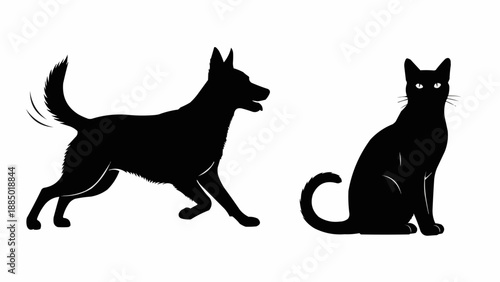 Silhouette of a dog and a black cat facing each other.