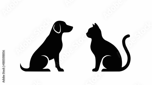 Silhouette of a dog and a cat facing each other.