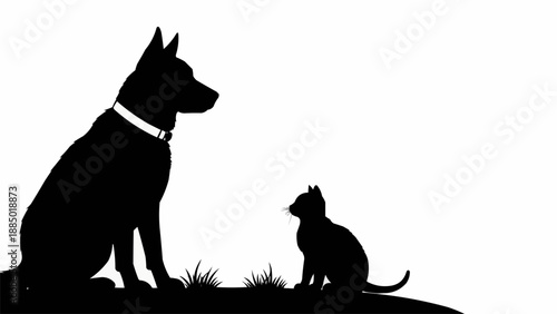 Silhouette of a dog and a cat sitting on grass.