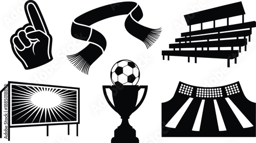 Collection of soccer and stadium accessories silhouettes including trophy foam finger scarf and bench