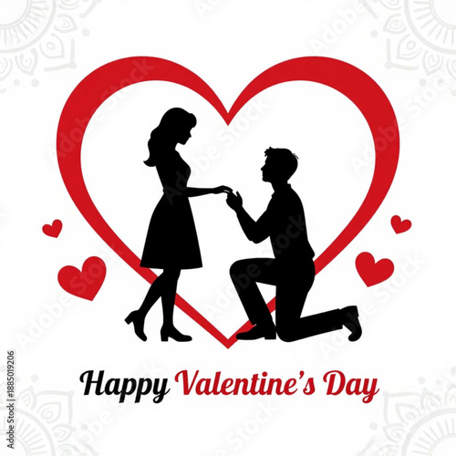 Man proposing to woman in heart shape with happy valentine's day text, celebrating love