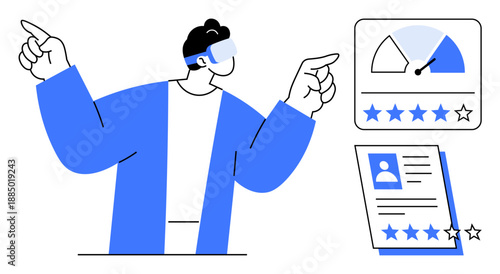 Man wearing a VR headset analyzing performance indicators, star ratings, and a profile summary. Ideal for assessment, productivity, virtual reality, feedback, analytics HR teamwork. Clean simple