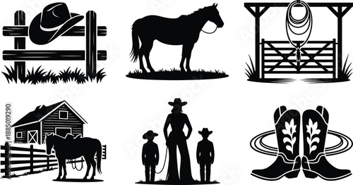 Cowboy lifestyle set: hat on fence, horse, stable, ranch, woman with kids, cowboy boots