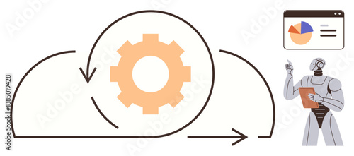 Cloud computing, automation, AI, data processing, tech innovation, workflow optimization. A robot analyzing data with cloud and gear icons. Cloud computing and automation concepts