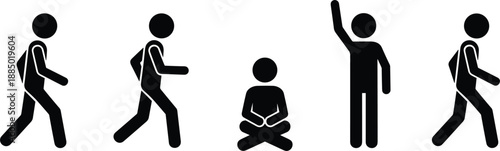 Human activity silhouette icons set showing walking sitting raising hand and standing people behavior actions illustration design.