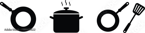 Kitchen cookware icons showing frying pan cooking pot spatula utensils silhouettes for food preparation illustration design set collection.