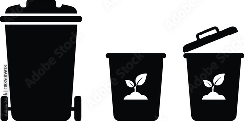 Organic waste bins icons showing compost containers with leaf symbol eco friendly garbage disposal illustration design set concept.