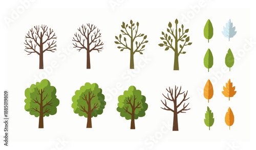 Hand drawn flat tree and leaf vector set with seasonal botanical elements