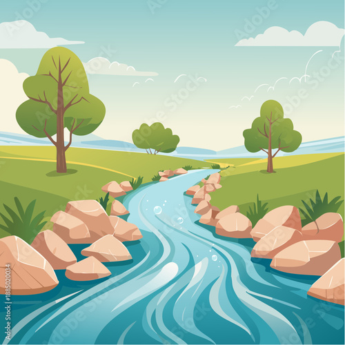 Serene River Landscape with Trees and Rocks in a Peaceful Environment from a Bird's Eye View