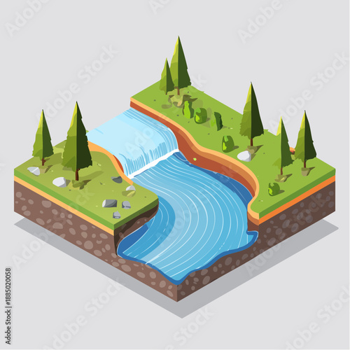 Isometric illustration of a river flowing from a waterfall through a landscape with trees and rocks