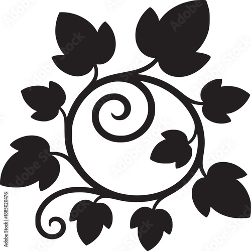 Black floral vine design with leaves in a circular pattern on a white background illustration art