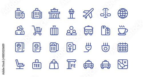 Airport and travel icons minimalist line art set for navigation and information design isolated on w