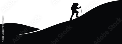 Hiker silhouette ascending a winding hill with trekking pole and backpack transparent background