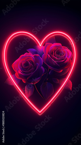 A luminous heart with two red roses. The heart is illuminated in red and purple. The image has a romantic and dreamy feel.