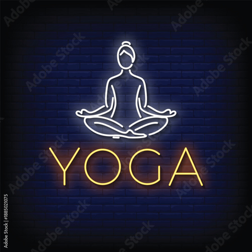yoga neon signboard with brick wall background vector